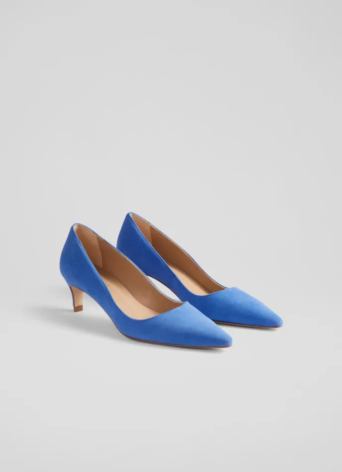 LK Bennett Ava Blue Suede Kitten Heel Courts Women Court Shoes