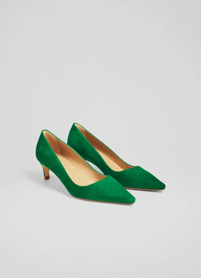 LK Bennett Ava Green Suede Kitten Heel Courts Women Court Shoes