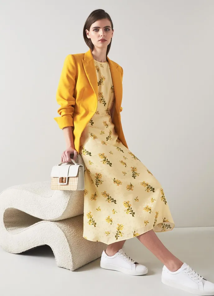 LK Bennett Boyd Cream Mimosa Print Silk Midi Dress Women Dresses