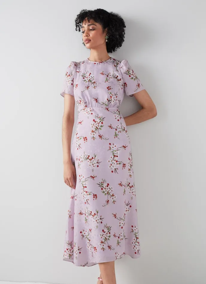 LK Bennett Boyd Cream Mimosa Print Silk Midi Dress Women Dresses