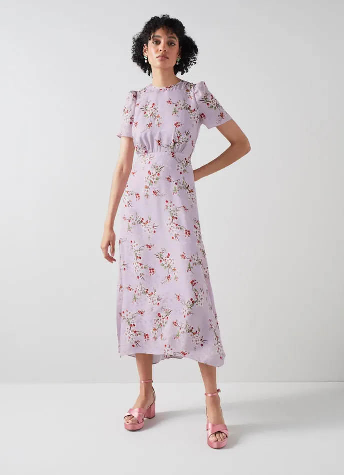 LK Bennett Boyd Cream Mimosa Print Silk Midi Dress Women Dresses