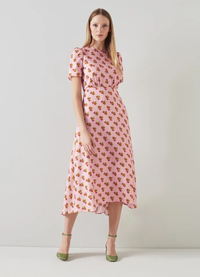 LK Bennett Boyd Cream Mimosa Print Silk Midi Dress Women Dresses
