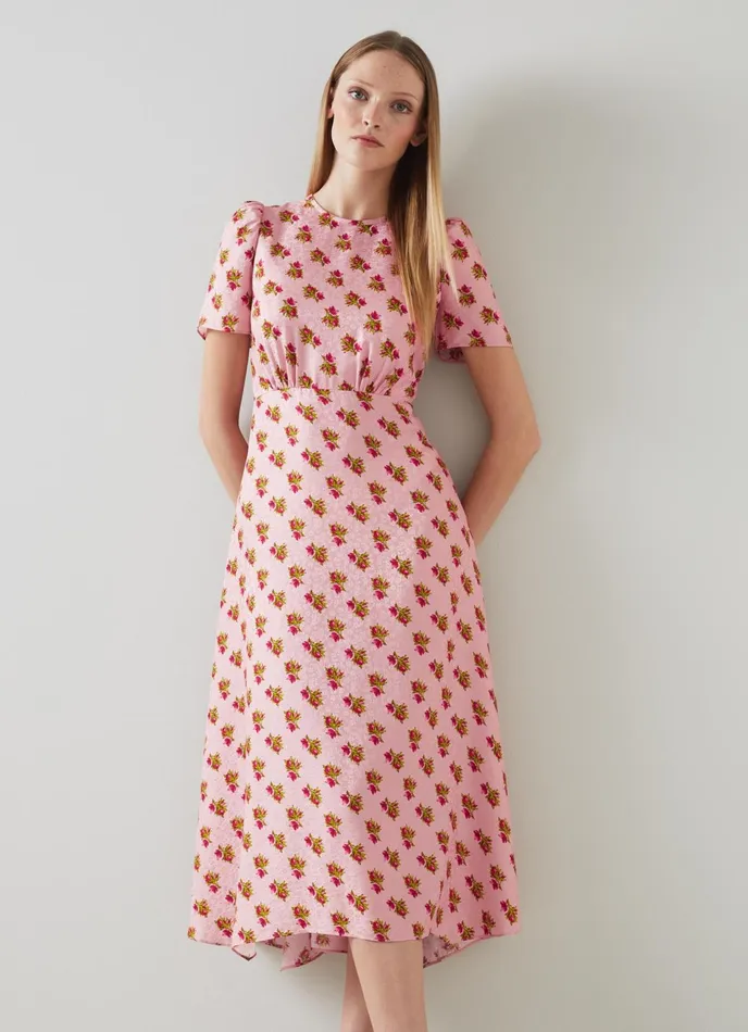 LK Bennett Boyd Cream Mimosa Print Silk Midi Dress Women Dresses