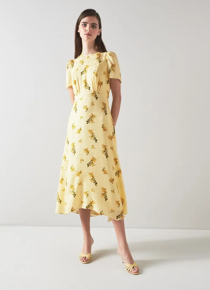 LK Bennett Boyd Cream Mimosa Print Silk Midi Dress Women Dresses