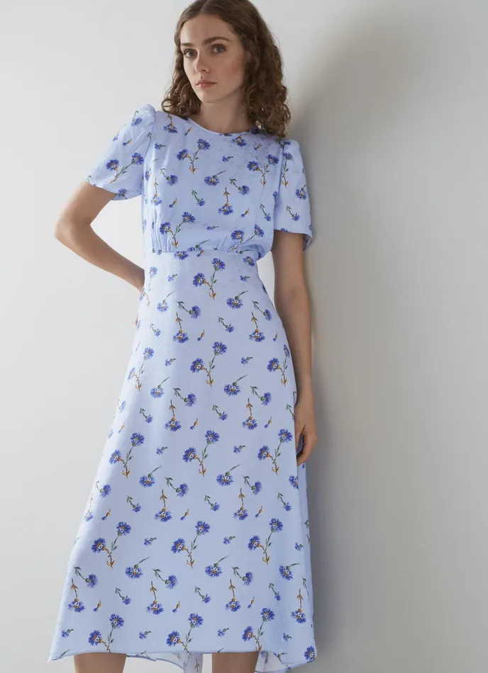 LK Bennett Boyd Cream Mimosa Print Silk Midi Dress Women Dresses
