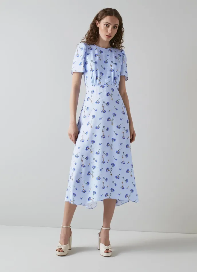 LK Bennett Boyd Cream Mimosa Print Silk Midi Dress Women Dresses