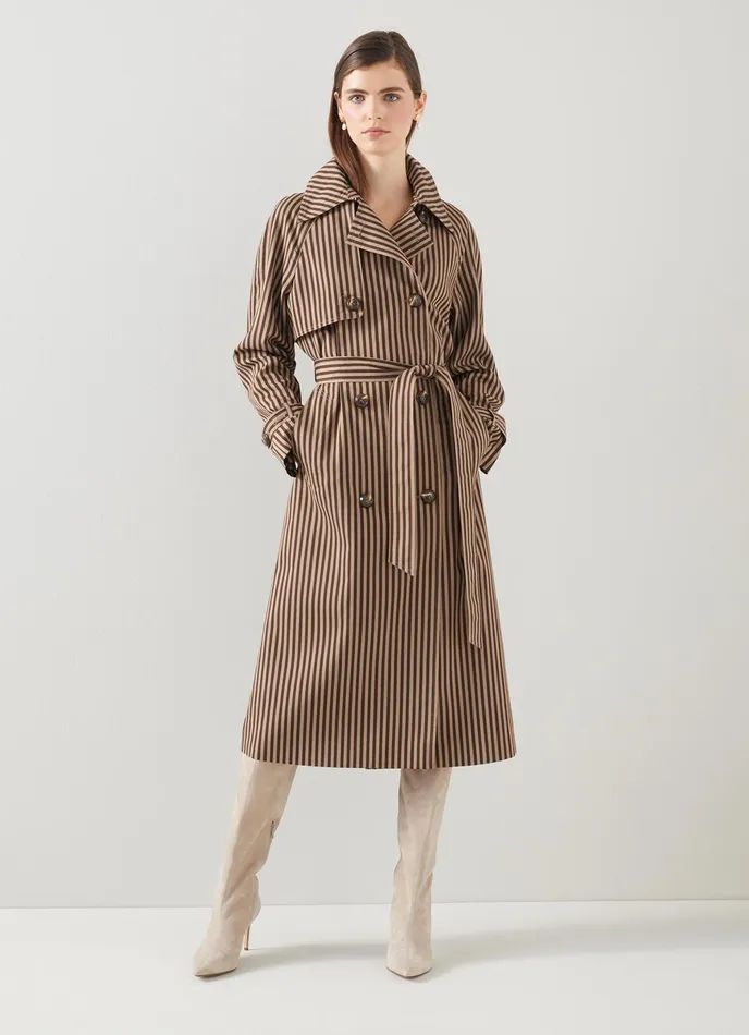 LK Bennett Carine Sand And Brown Striped Trench Coat Women Coats and Jackets