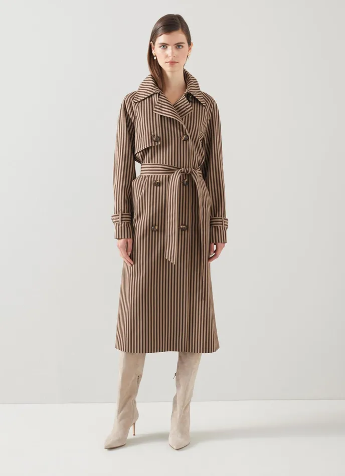 LK Bennett Carine Sand And Brown Striped Trench Coat Women Coats and Jackets