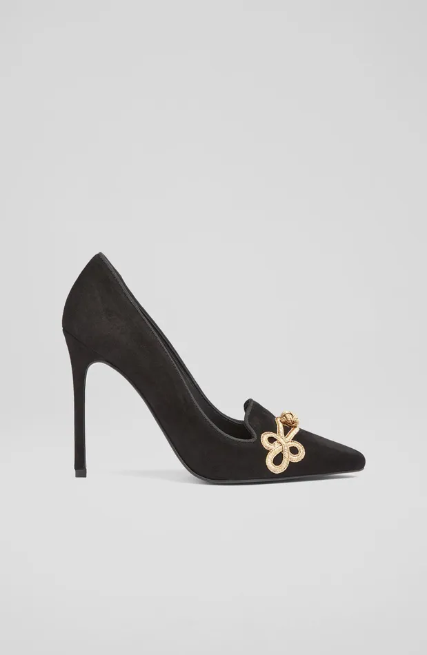 LK Bennett Carmella Black Suede Gold Brocade Courts Women Court Shoes