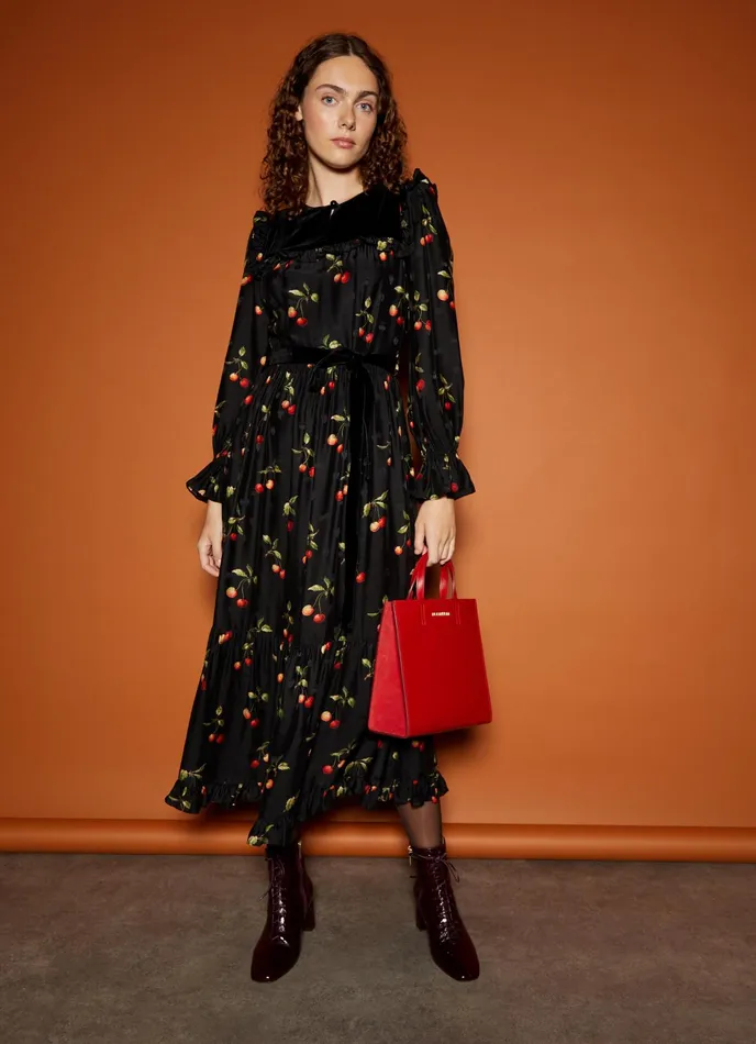 LK Bennett Dita Black And Red Cherry Print Dress Women Dresses