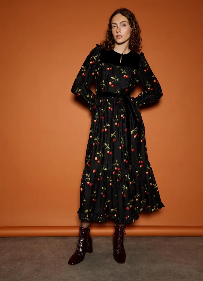 LK Bennett Dita Black And Red Cherry Print Dress Women Dresses