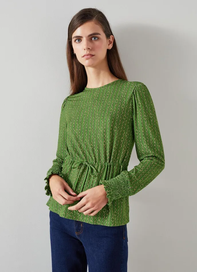 LK Bennett Ellie Green Chain Print Drawstring Top Women Tops