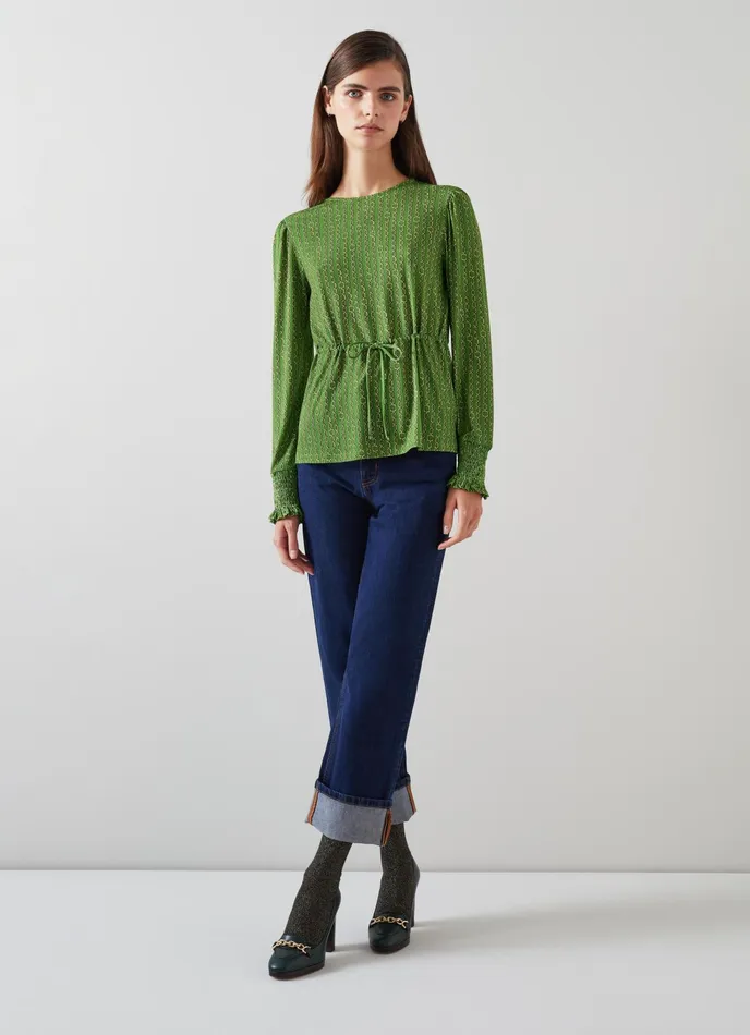 LK Bennett Ellie Green Chain Print Drawstring Top Women Tops