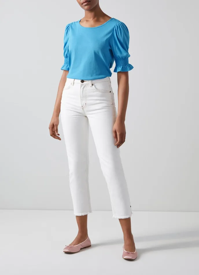 LK Bennett Emily Blue ModalCotton Shirred Sleeve Top Women Tops