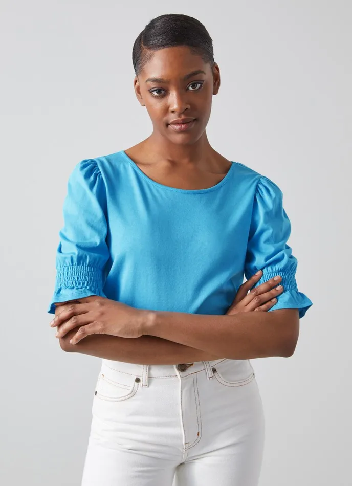 LK Bennett Emily Blue ModalCotton Shirred Sleeve Top Women Tops