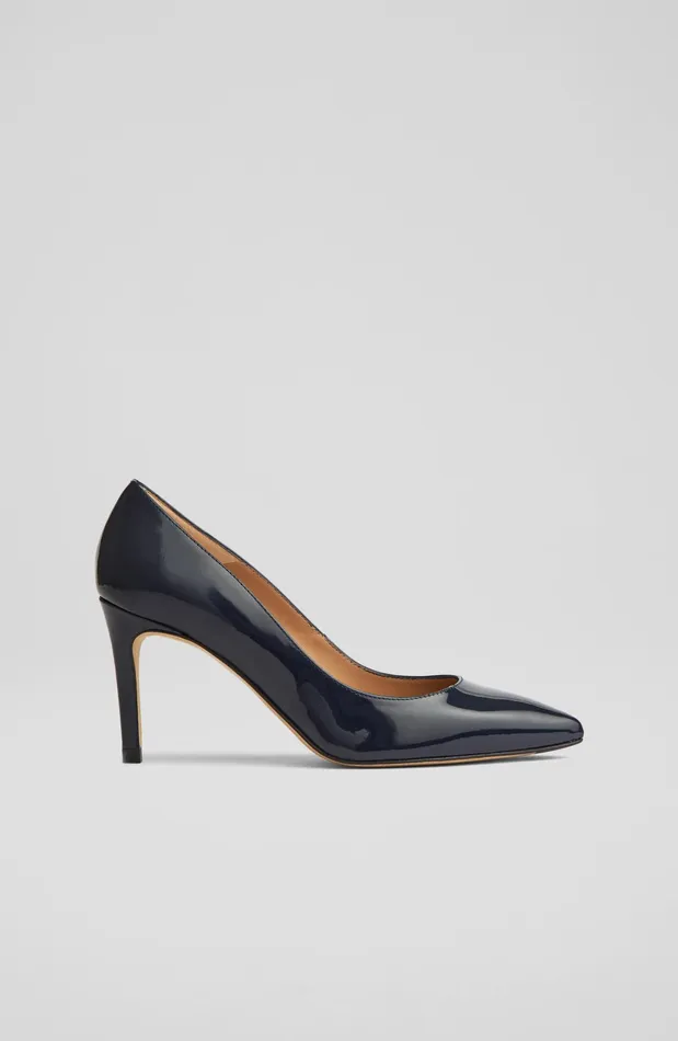 LK Bennett Floret Navy Patent Leather Pointed Toe Courts Women Court Shoes