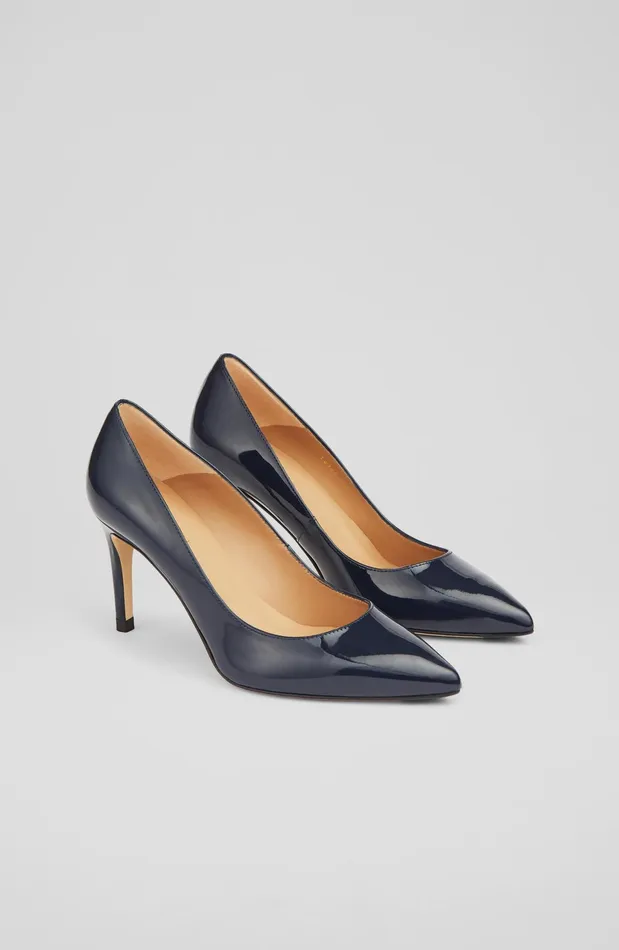 LK Bennett Floret Navy Patent Leather Pointed Toe Courts Women Court Shoes