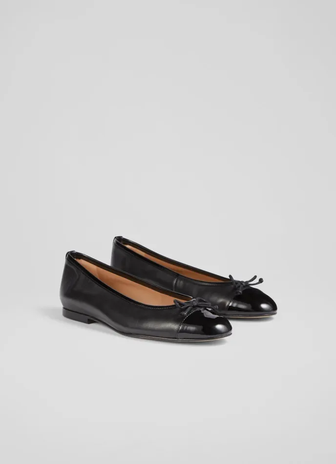 LK Bennett Kara Black Leather And Patent Toe Cap Ballet Flats Women Flats