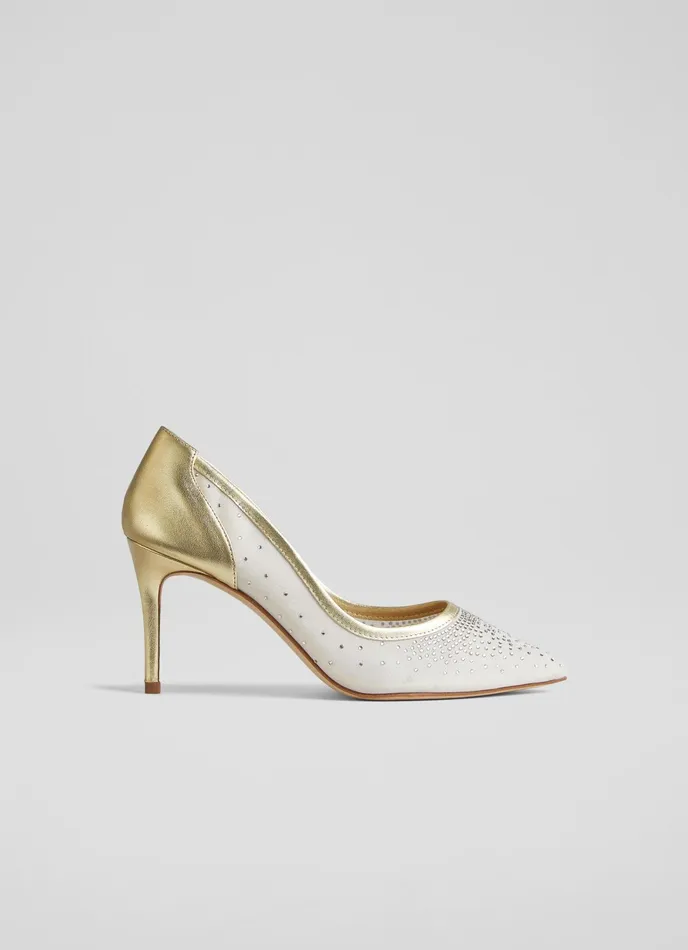 LK Bennett Liberty Gold Leather And Crystal Mesh Courts Women Court Shoes