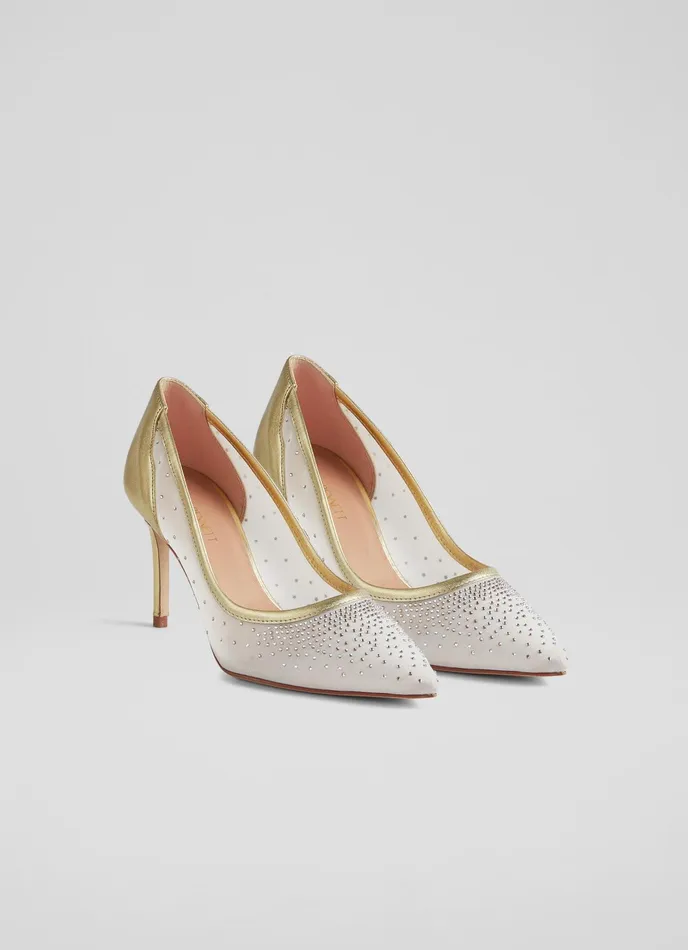LK Bennett Liberty Gold Leather And Crystal Mesh Courts Women Court Shoes