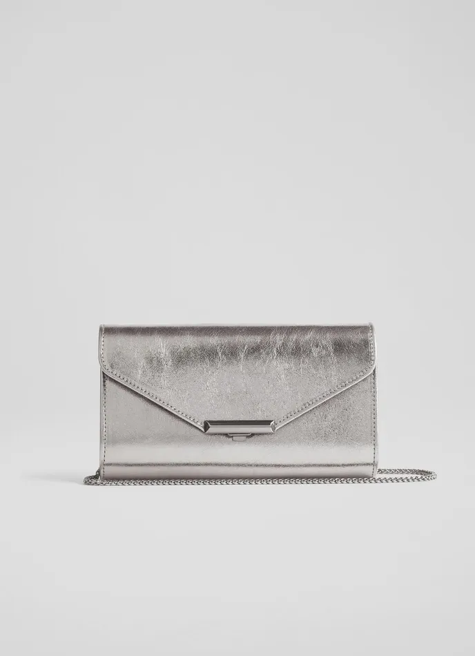 LK Bennett Lucy Pewter Metallic Leather Clutch Bag Women Clutch Bags
