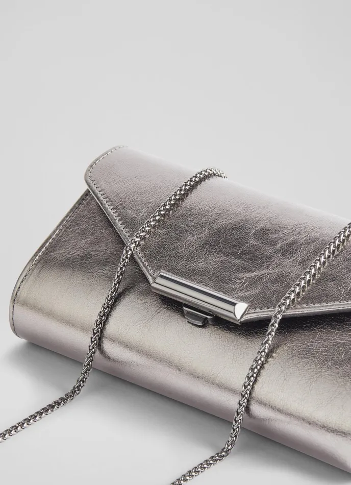 LK Bennett Lucy Pewter Metallic Leather Clutch Bag Women Clutch Bags