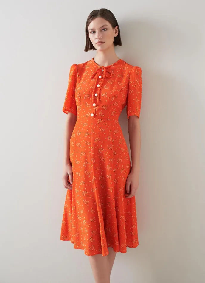 LK Bennett Montana Orange Flower Bow Print Silk Tea Dress Women Dresses
