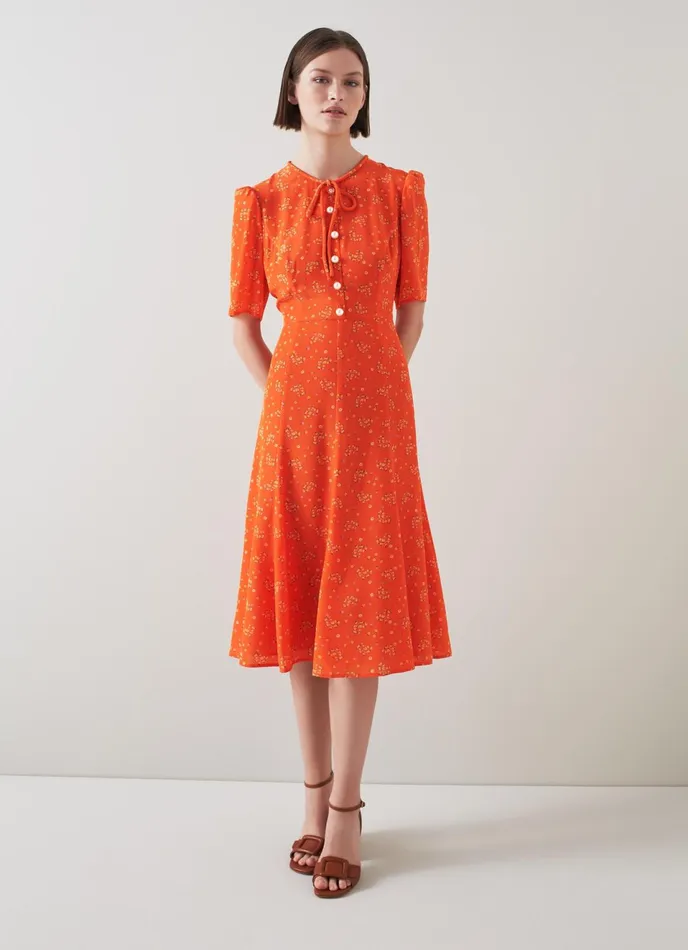LK Bennett Montana Orange Flower Bow Print Silk Tea Dress Women Dresses