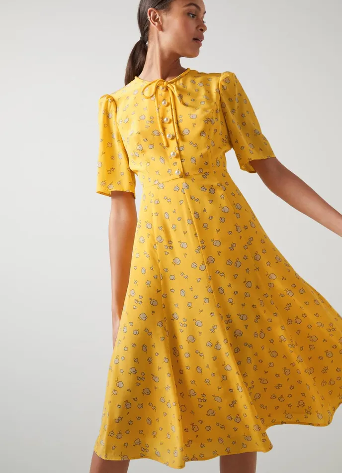 LK Bennett Montana Yellow Naive Floral Print Silk Tea Dress Women Dresses