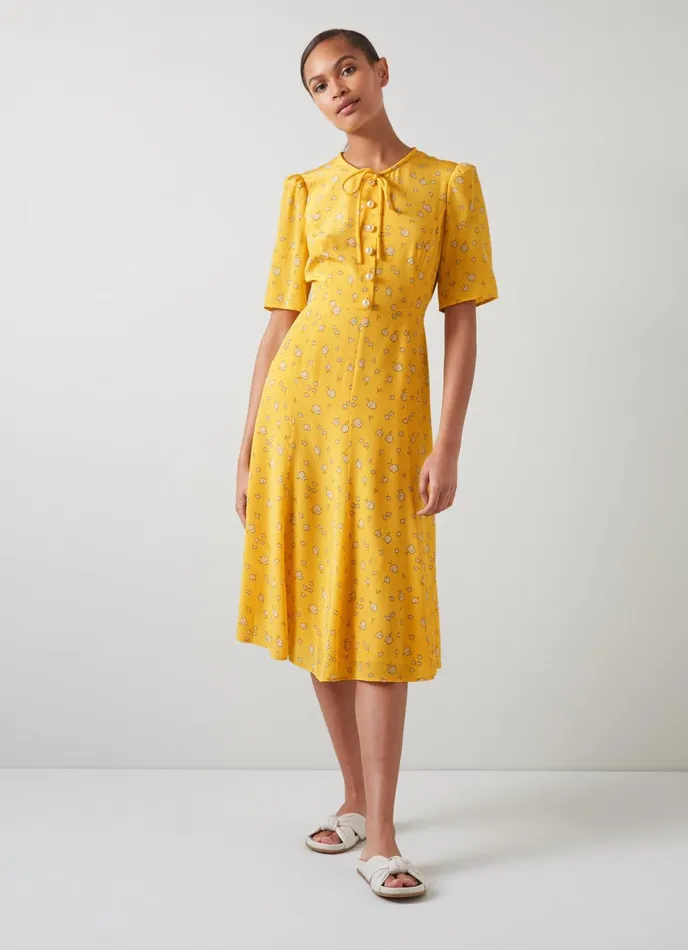 LK Bennett Montana Yellow Naive Floral Print Silk Tea Dress Women Dresses