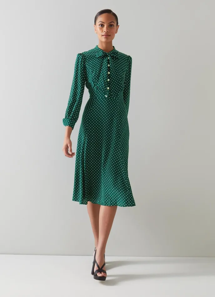 LK Bennett Mortimer Green and Cream Polka Dot Silk Dress Women Dresses