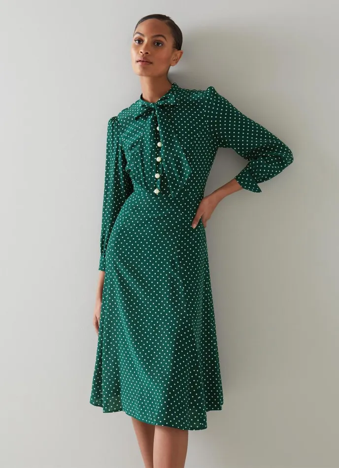 LK Bennett Mortimer Green and Cream Polka Dot Silk Dress Women Dresses
