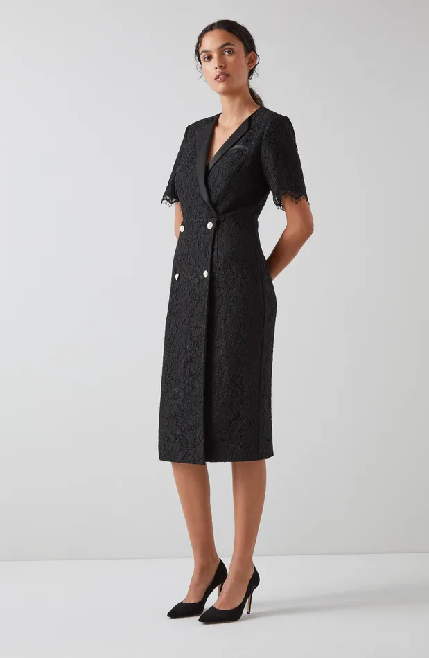 LK Bennett Nathalie Black Lace Tuxedo Dress Women Dresses