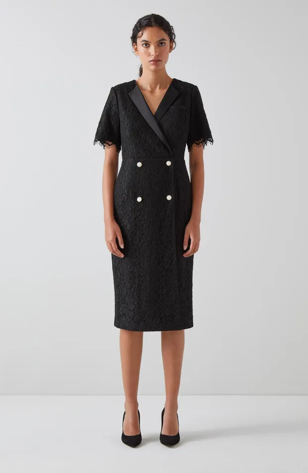LK Bennett Nathalie Black Lace Tuxedo Dress Women Dresses
