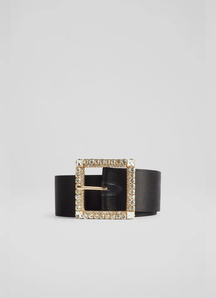 LK Bennett Polly Black Satin Crystal Buckle Belt Women Belts