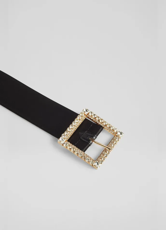 LK Bennett Polly Black Satin Crystal Buckle Belt Women Belts LK Bennett Polly Black Satin Crystal Buckle Belt Women Belts