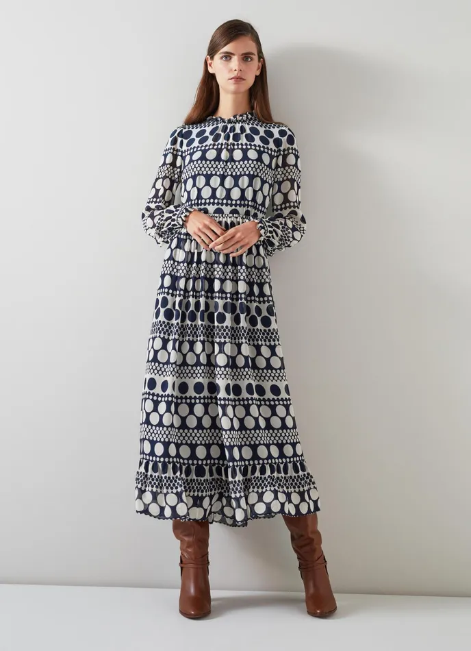 LK Bennett Susie Navy And Cream Graphic Spot Maxi Dress Women Dresses