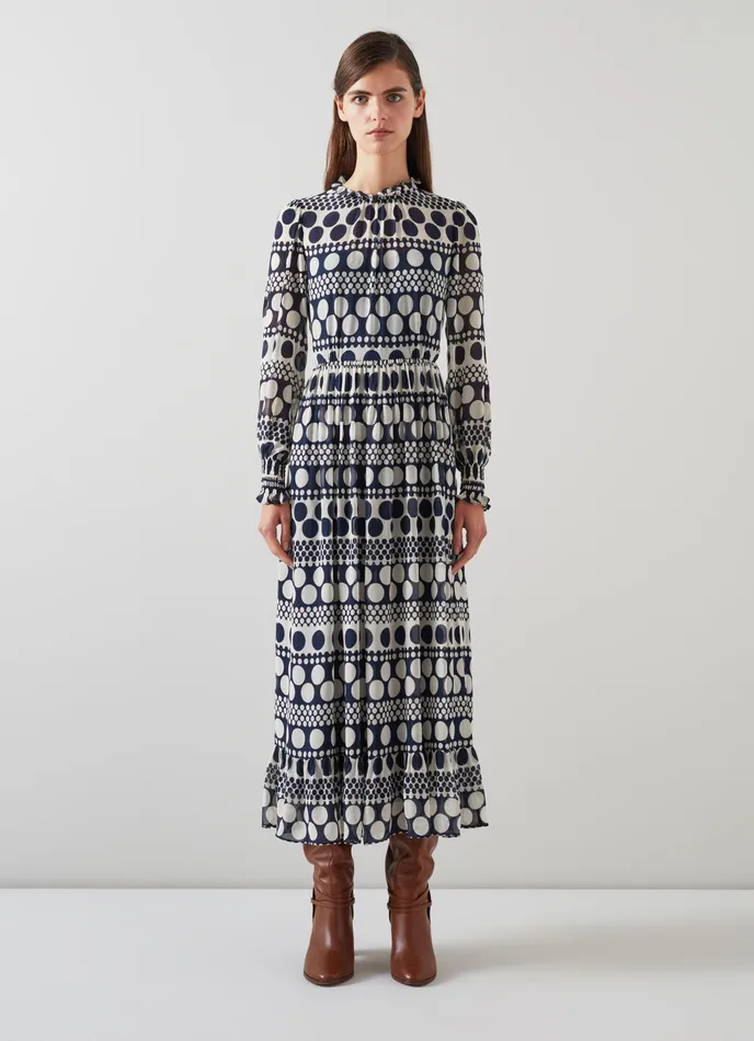 LK Bennett Susie Navy And Cream Graphic Spot Maxi Dress Women Dresses
