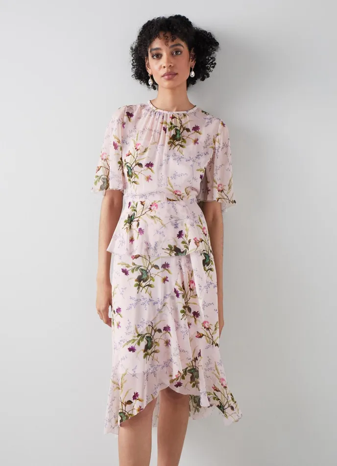 LK Bennett Thea Pink Meadow Scene Ruffle Dress Women Dresses