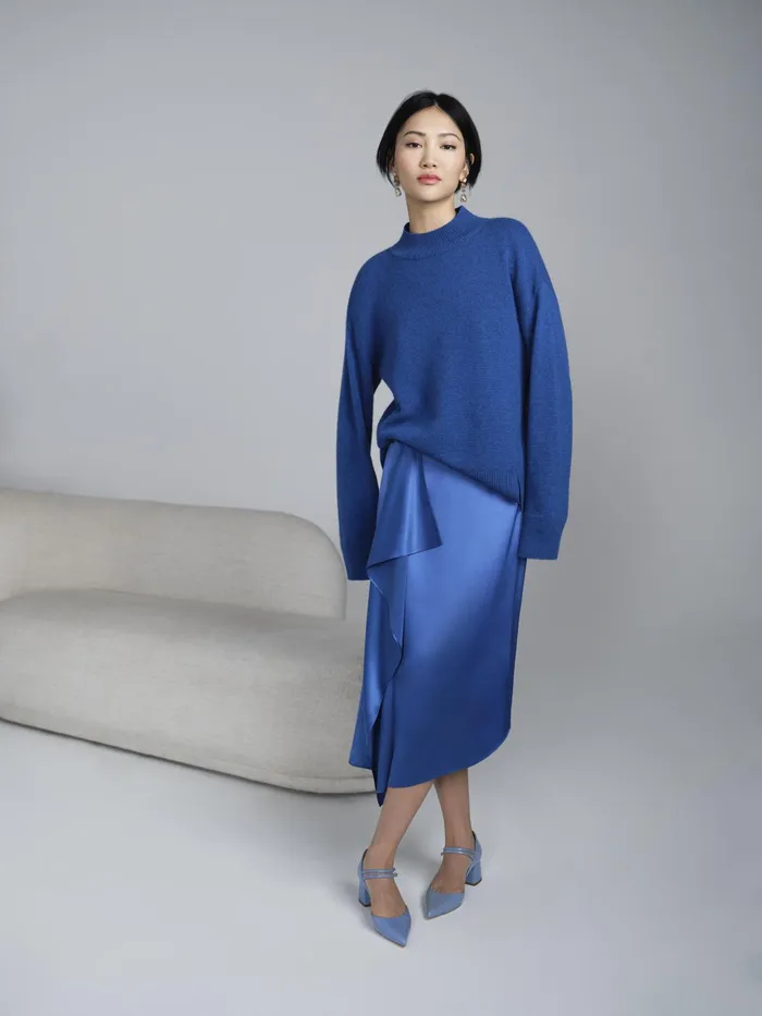 LK Bennett Zoe Blue Satin Waterfall Front Skirt Women Skirts