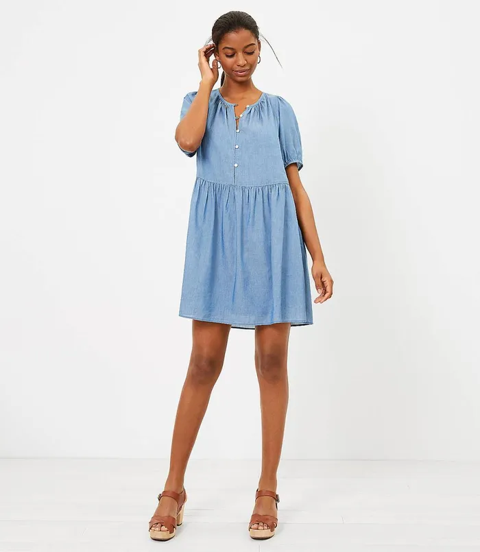 LOFT Chambray Puff Sleeve Swing Dress Light Chambray Blue Women Swing Dresses