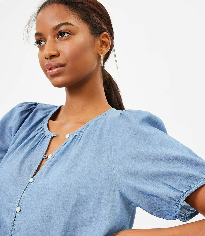 LOFT Chambray Puff Sleeve Swing Dress Light Chambray Blue Women Swing Dresses