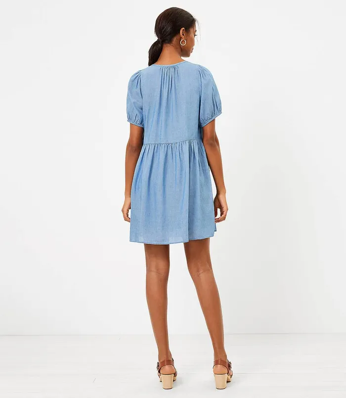 LOFT Chambray Puff Sleeve Swing Dress Light Chambray Blue Women Swing Dresses