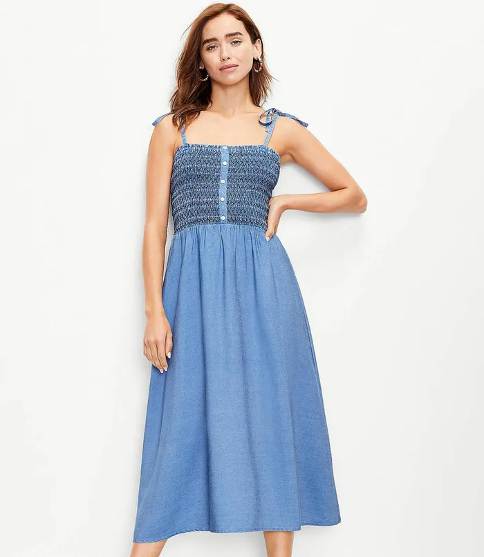 LOFT Chambray Smocked Strappy Midi Dress Denim Chambray Women Party Dresses