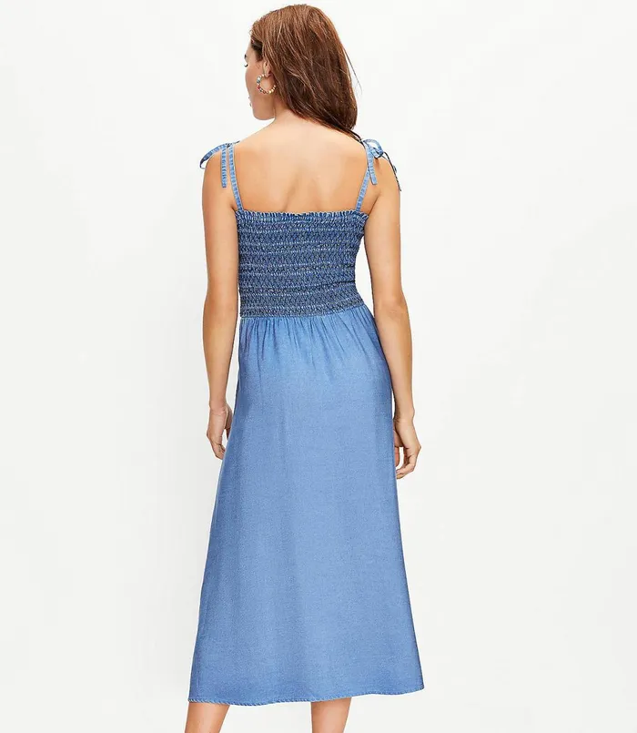 LOFT Chambray Smocked Strappy Midi Dress Denim Chambray Women Party Dresses