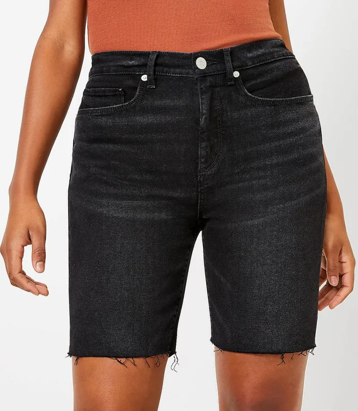LOFT Curvy Fresh Cut Denim Bike Shorts In Black Washed Black Wash Women Shorts