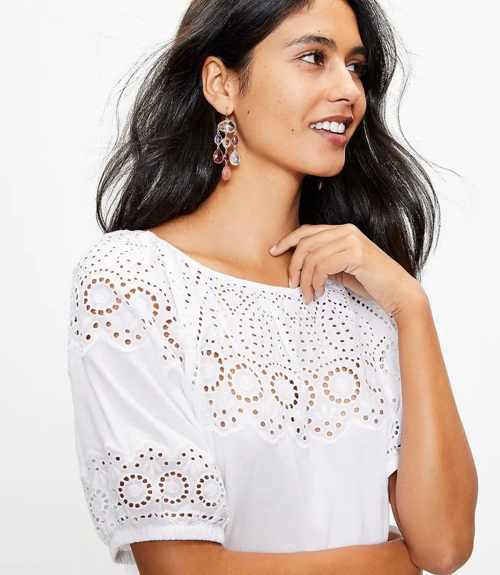 LOFT Eyelet Yoke Top Vintage Olive Women Tees