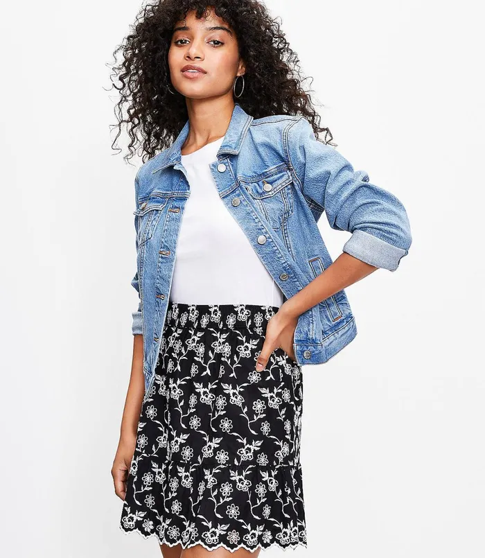 LOFT Floral Embroidered Tiered Full Skirt Black Women Skirts