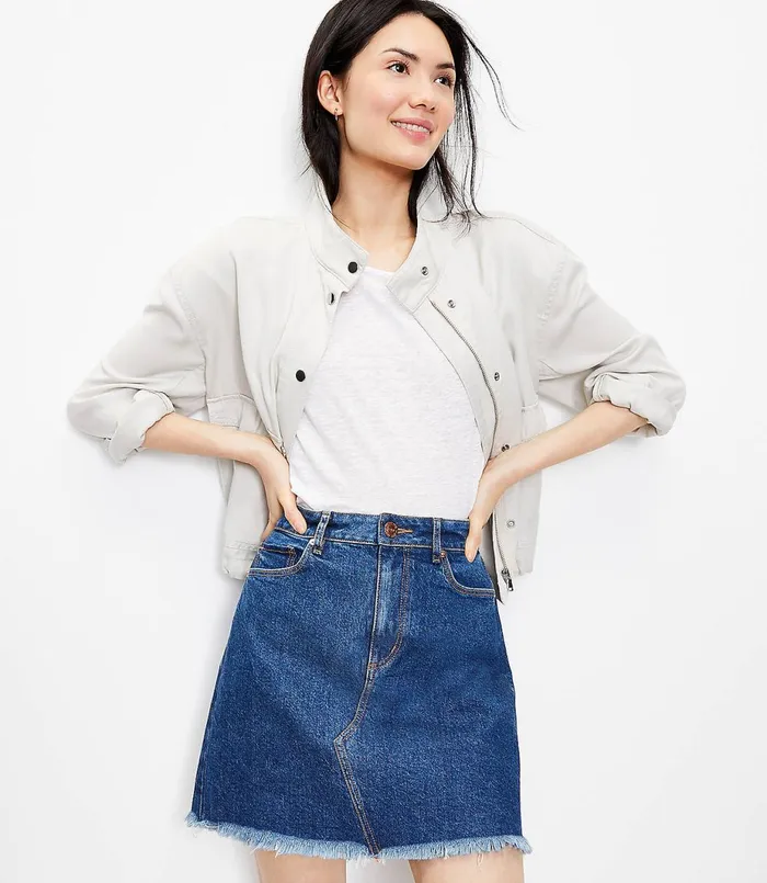 LOFT Frayed Denim Shift Skirt In Mid Indigo Wash Mid Indigo Wash Women Skirts