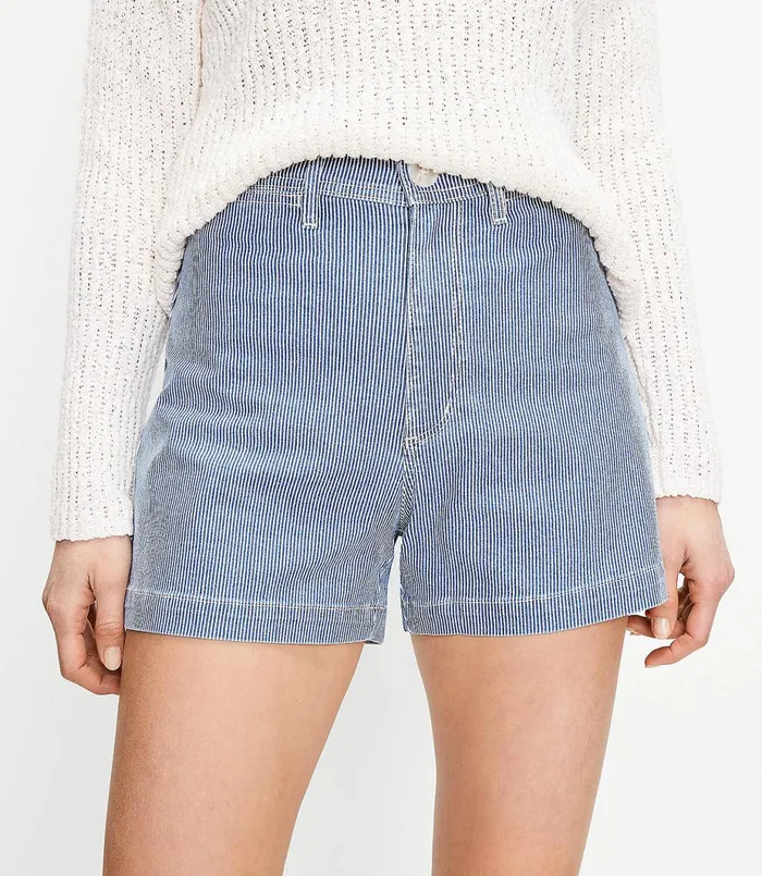 LOFT High Rise Welt Pocket Denim Shorts In Indigo Stripe Indigo Stripe Women Shorts